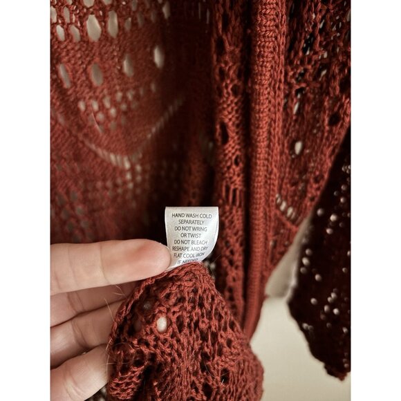 Charlotte Russ Long Burgandy Crochet Knitted Sweater Long Duster Open Front S - Picture 7 of 9